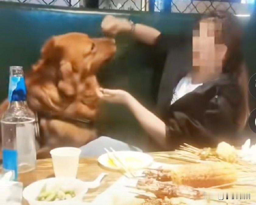带狗撸串不说，还把撸串的签直接喂到狗的嘴里，这是想让其它食客得狂犬病么。
一女子