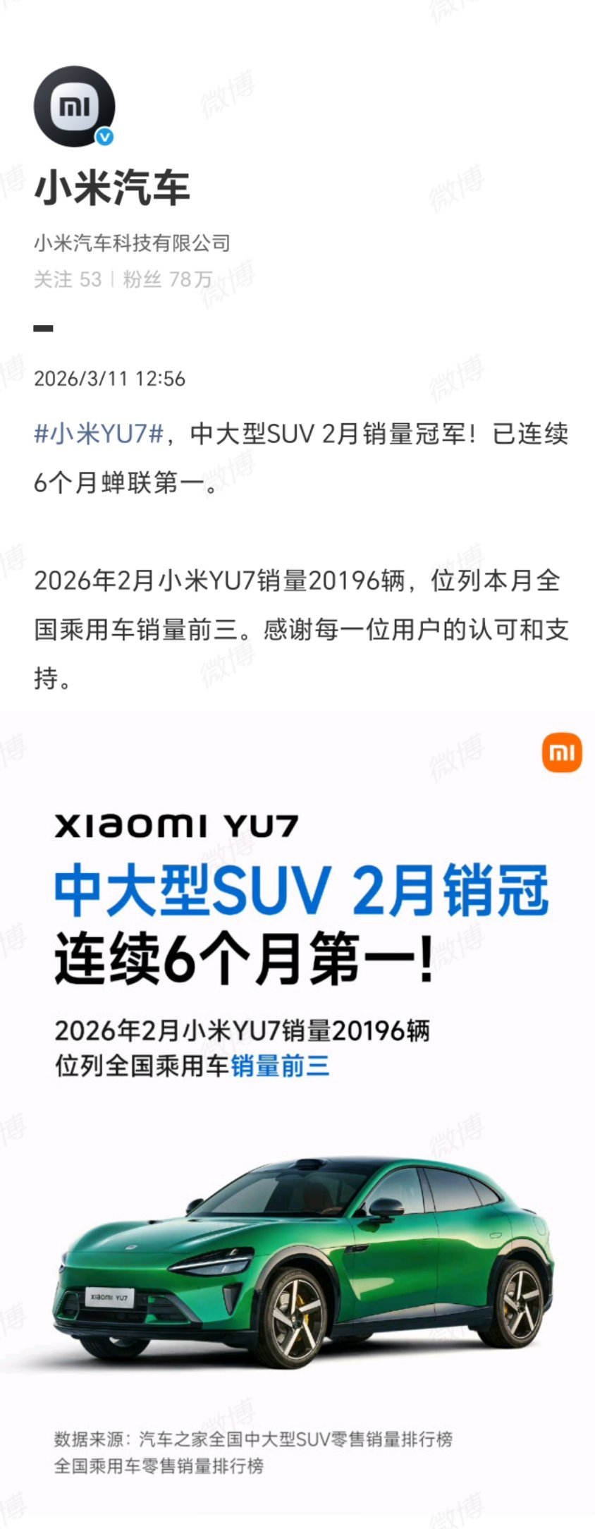 3月11日，小米汽车官宣：小米YU7 斩获2月中大型SUV销量冠军，连续6个月第