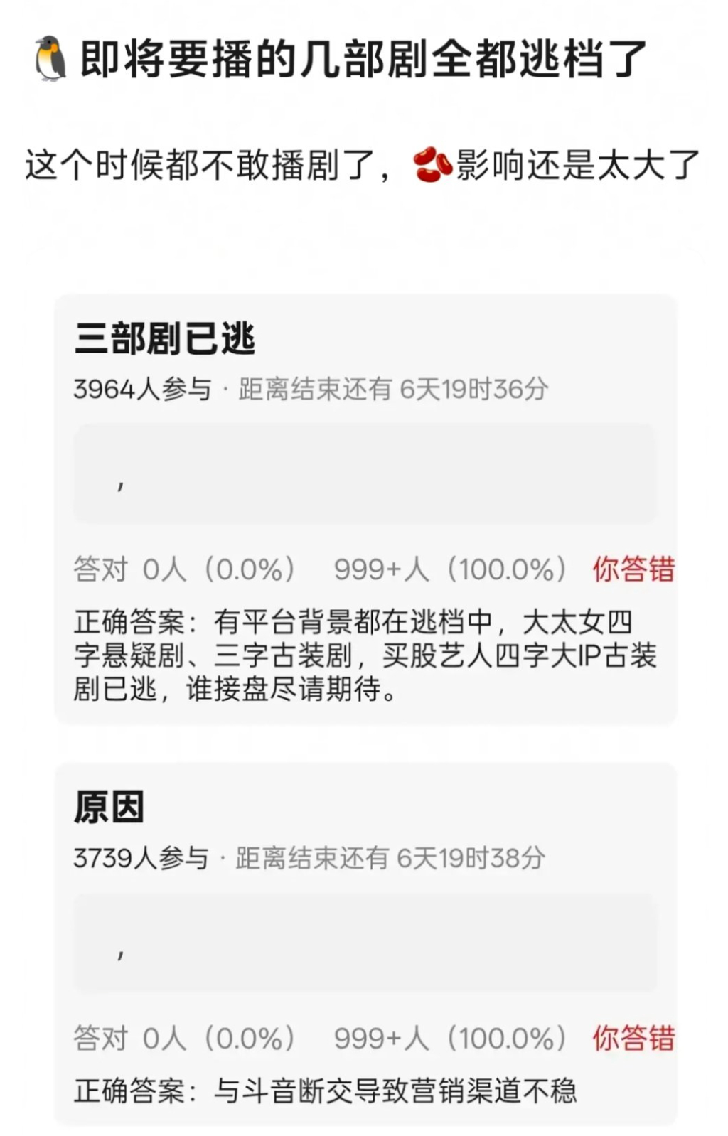 鹅，不依赖抖算长大吗网传腾讯视频待播三部剧逃档，但同时主角收视率酷云峰值破3.8