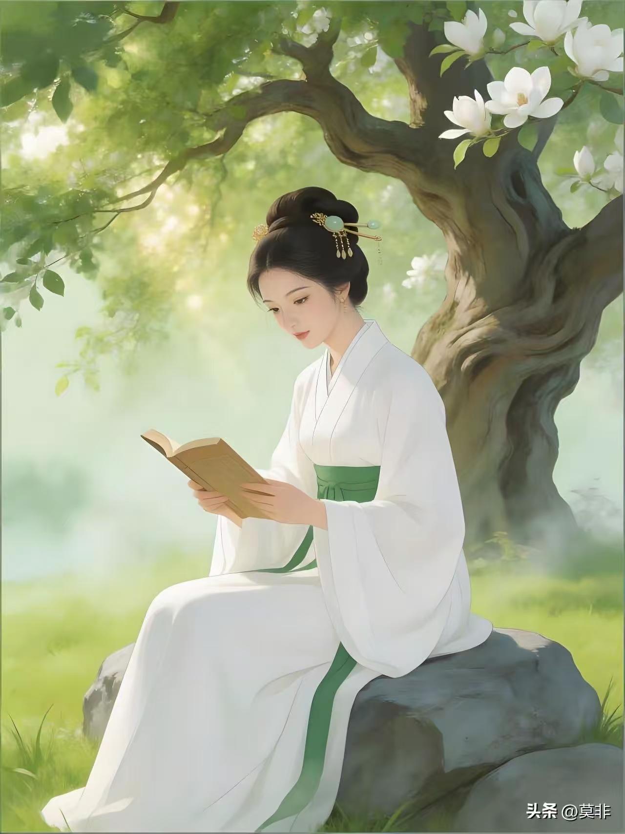 殿前欢·林泉意
覆晴纱，
素衣石畔旧书斜。
叶影牵风翻晓页，
兰香鬓霞。
林泉心