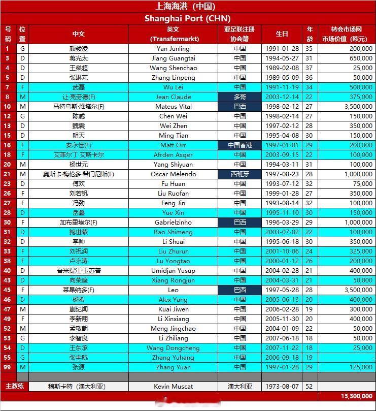 2025-26赛季亚冠精英联赛报名名单（第三注册窗口）——上海海港注：1、个人收