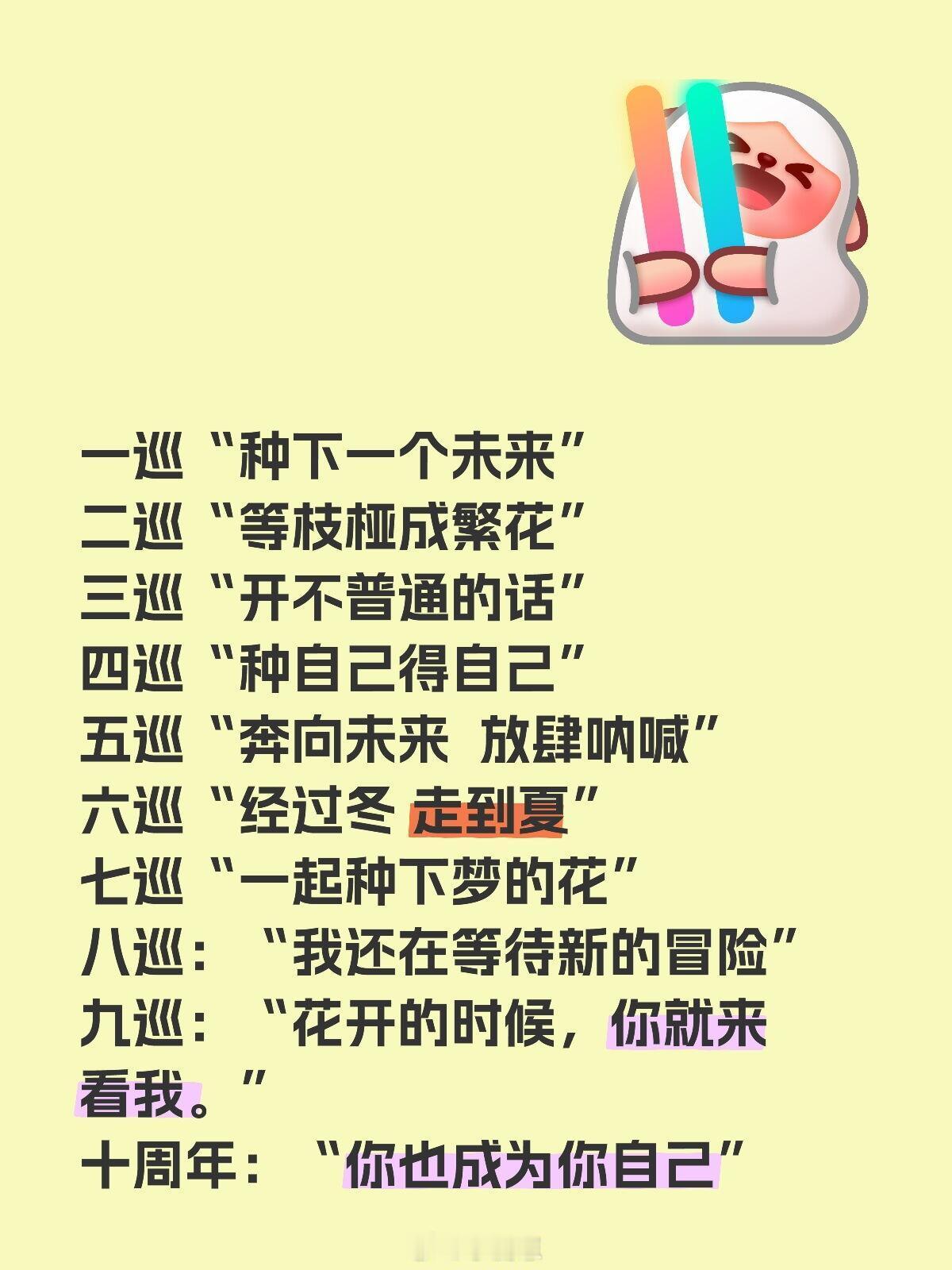 十个勤天[超话]一巡“种下一个未来”二巡“等枝桠成繁花”三巡“开不普通的花”四巡