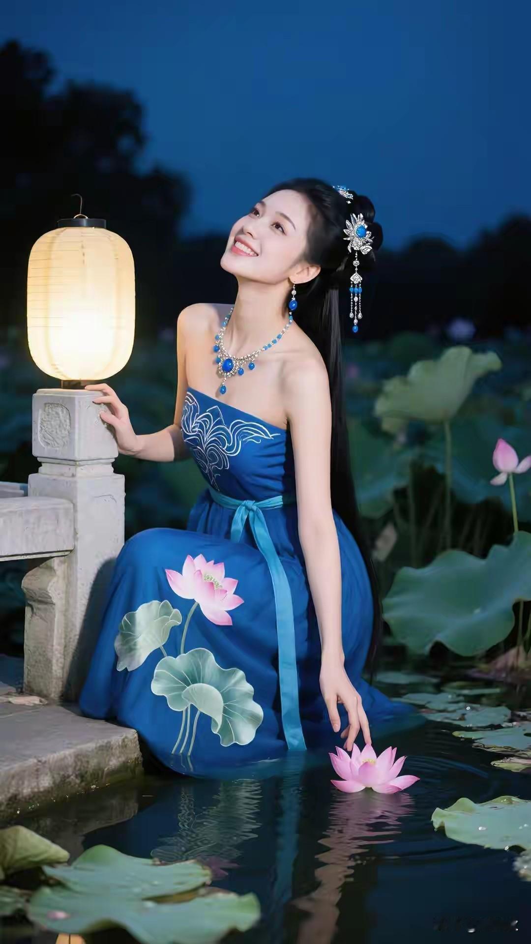 嫣然一笑雅韵生，
灯火阑珊仙风情。
皓月当空洒清辉 ，
眼含秋水映繁星。