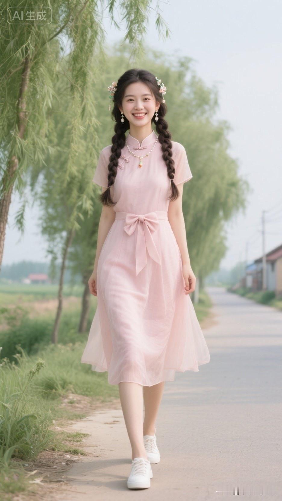 一位女孩穿着粉色连衣裙走在乡间小路上。