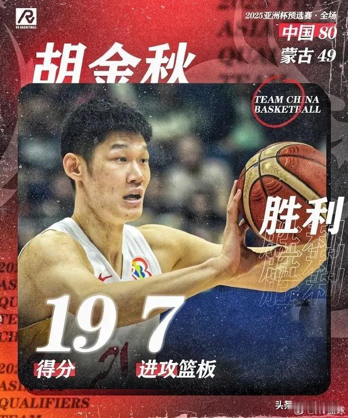 中国男篮今晚以80：49战胜蒙古队，三个不争的事实：
1.胡金秋一马当先。上半场