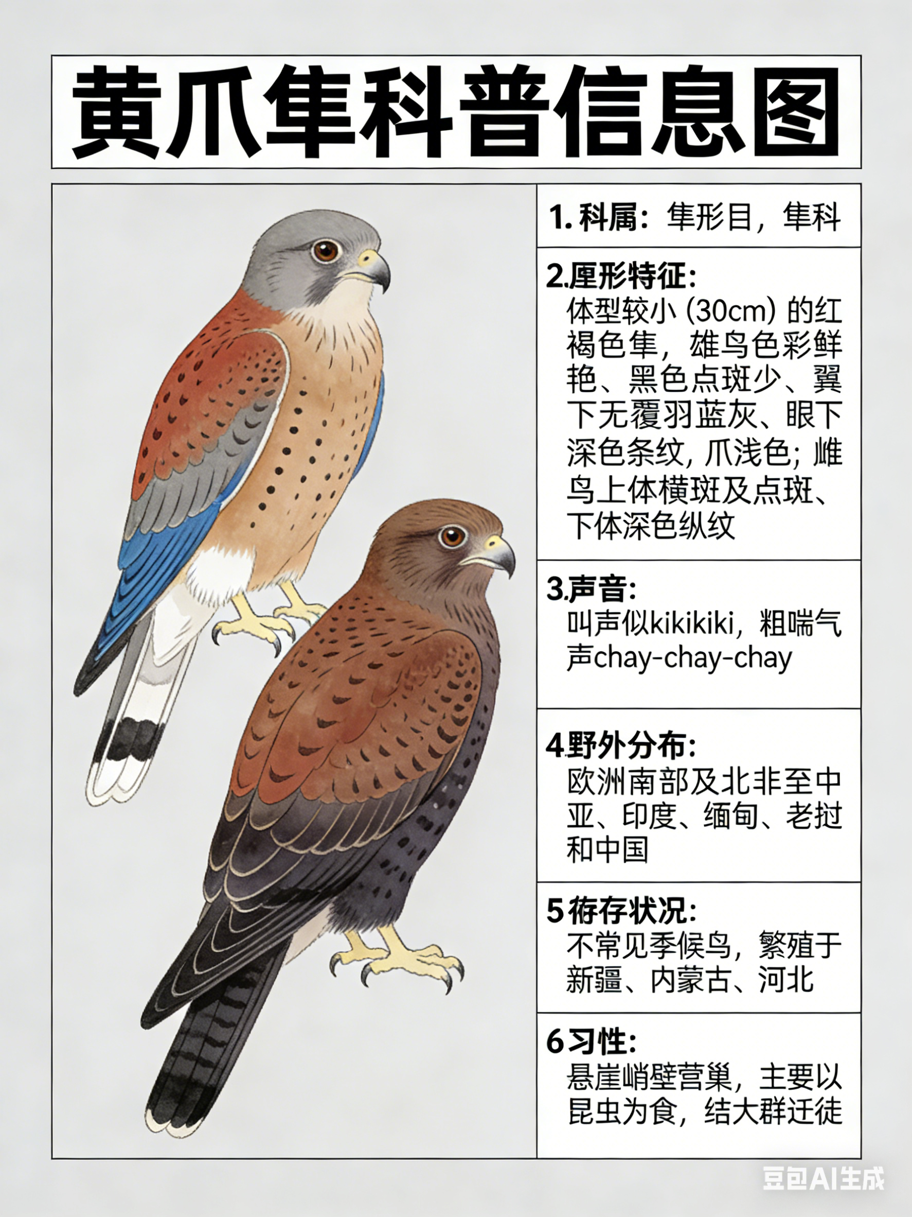 鸟类朋友图鉴 黄爪隼·科属：隼形目，隼科。·外形特征：体型较小（30cm）的红褐