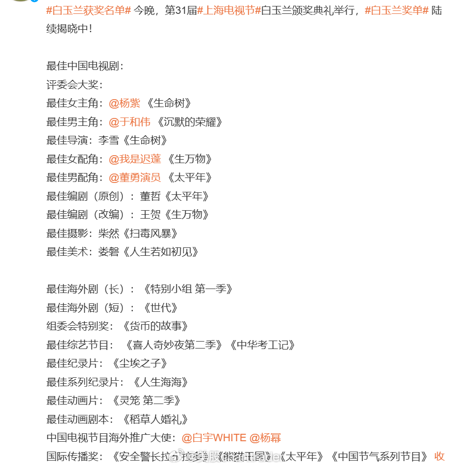 白玉兰获奖名单 看这个单子就跟当初看国自然的感觉一样，每年都是同一拨人。就看你自