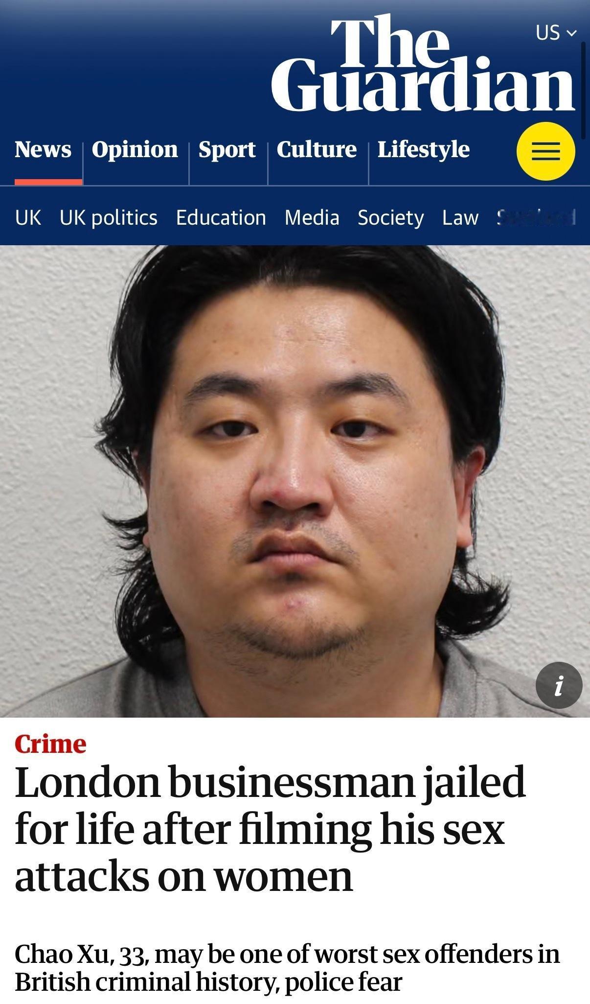 「他被判终身监禁」14日，英国迷奸案嫌疑人许超（Chao Xu）被伦敦法院判处终