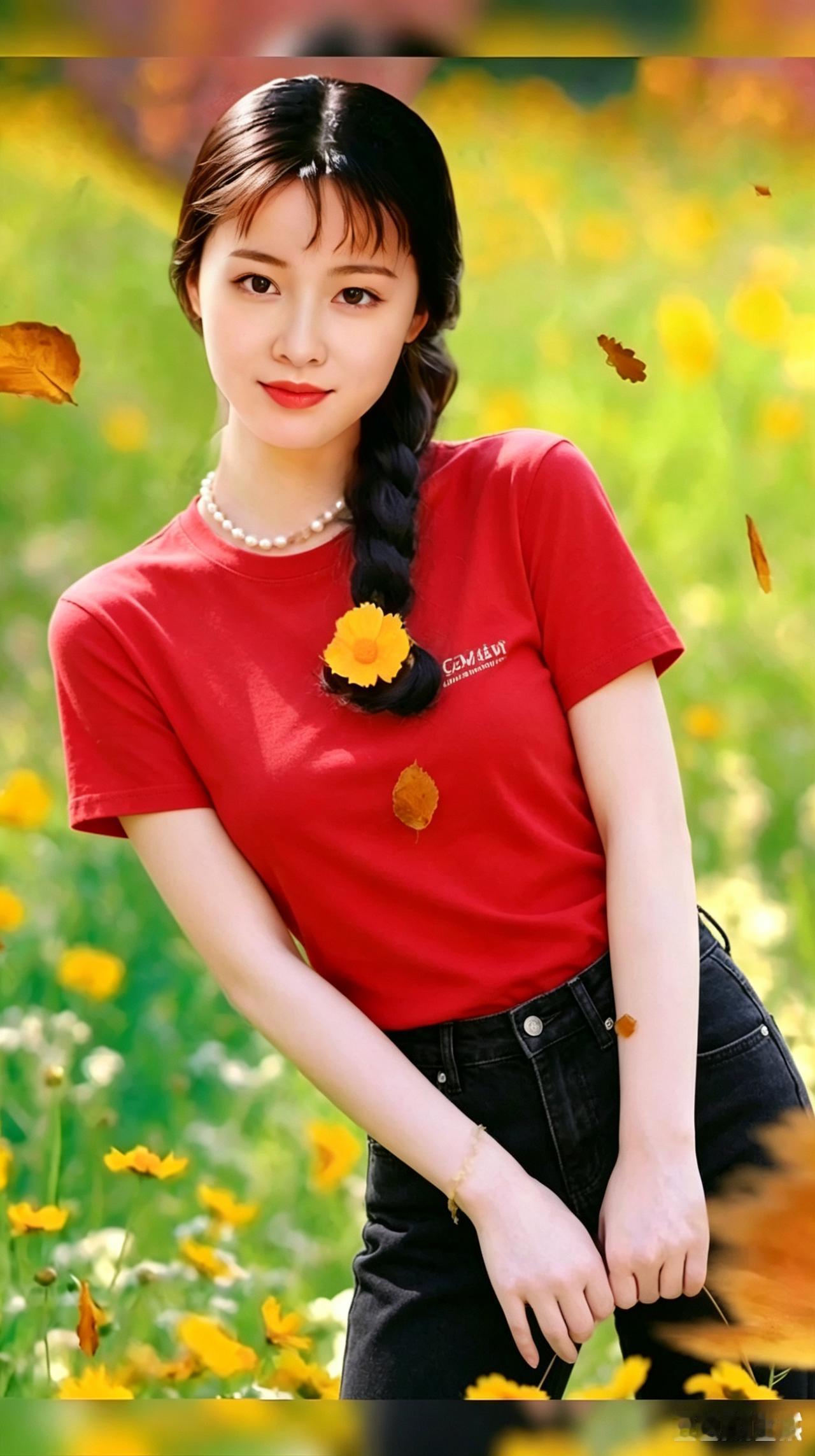秋日暖阳下的少女，红衣与黄花相映成趣，甜美笑容绽放。