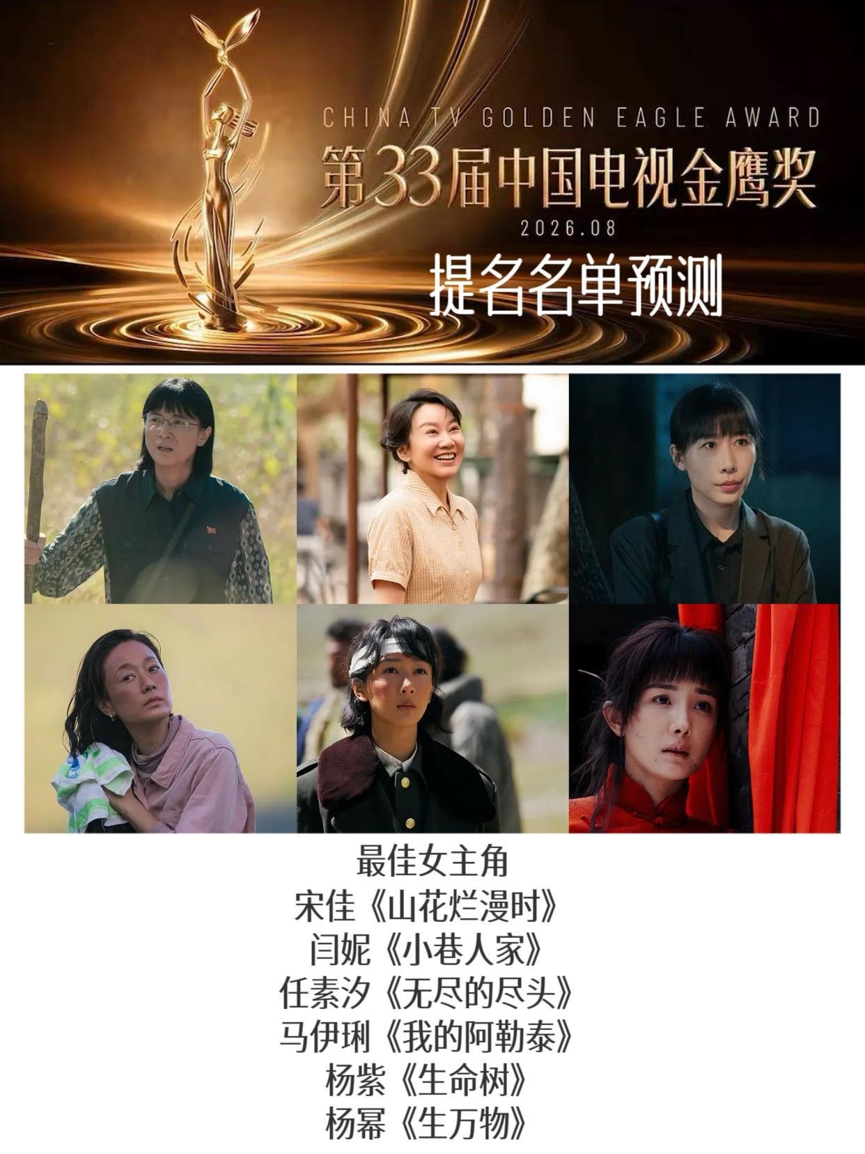 第31届中国电视金鹰奖提名预测名单之最佳女主角宋佳《山花烂漫时》闫妮《小巷人家》