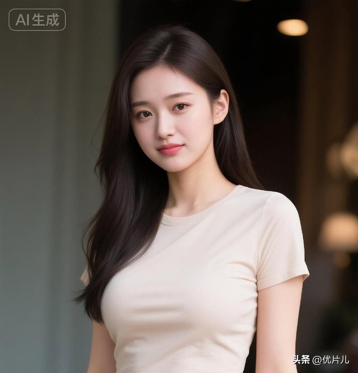 浅杏色短款T恤，衬出盈盈细腰；水洗蓝牛仔裤，勾勒流畅身姿。
长发自然垂落，置身于