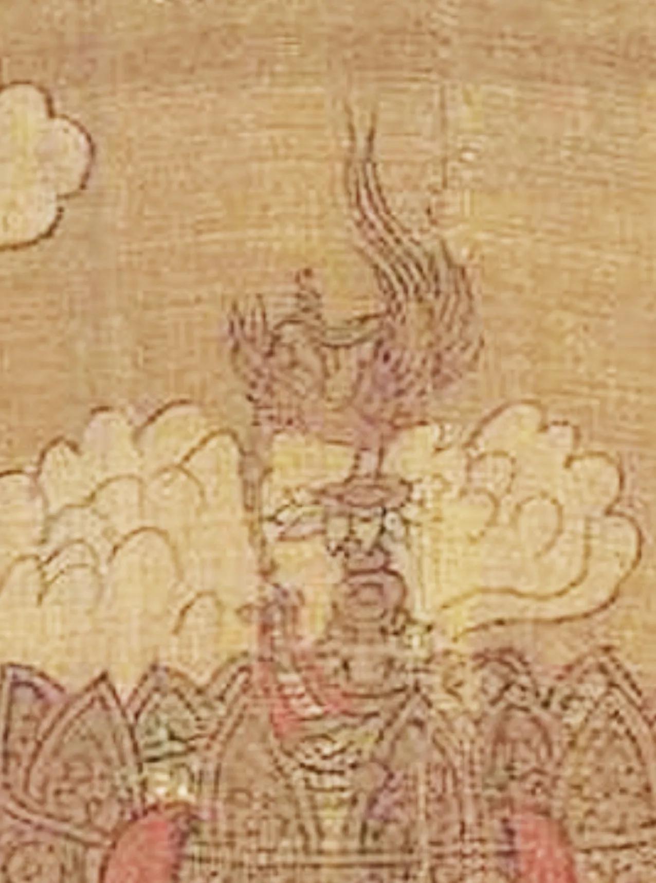 宋摹本《洛神赋图》洛神云车顶、曹植车顶上的鸾凤，口垂一串宝珠样东西，随风飘扬。这