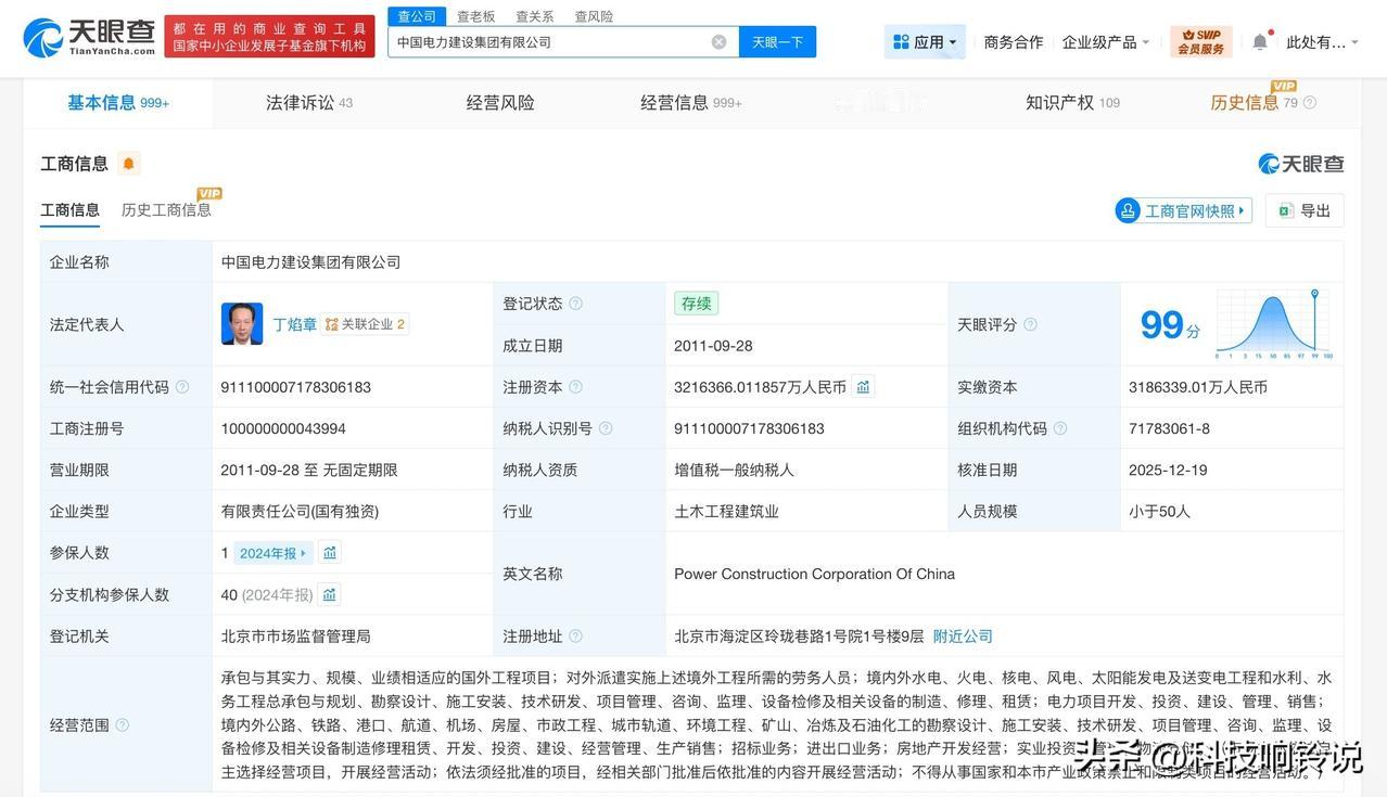 【中国电力建设集团增资至321.6亿】
天眼查App显示，近日，中国电力建设集团