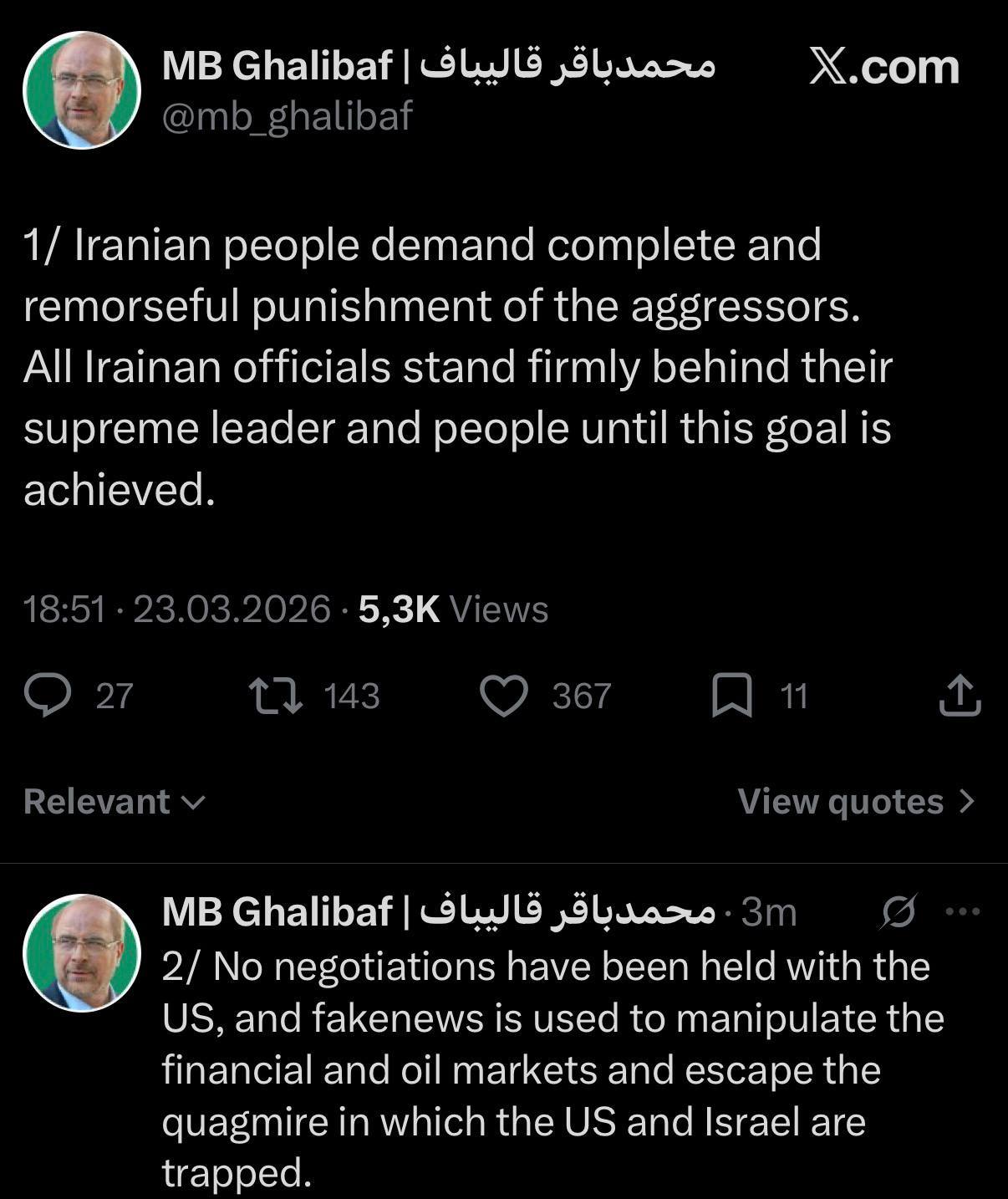 美国称带队谈判的伊朗议会议长加利巴夫在X上表示，伊朗并未与美国进行谈判，并称这是