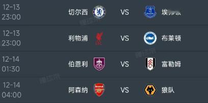 北京时间12月13日-14日凌晨，明天的英超第16轮赛程如下：

13日23：0