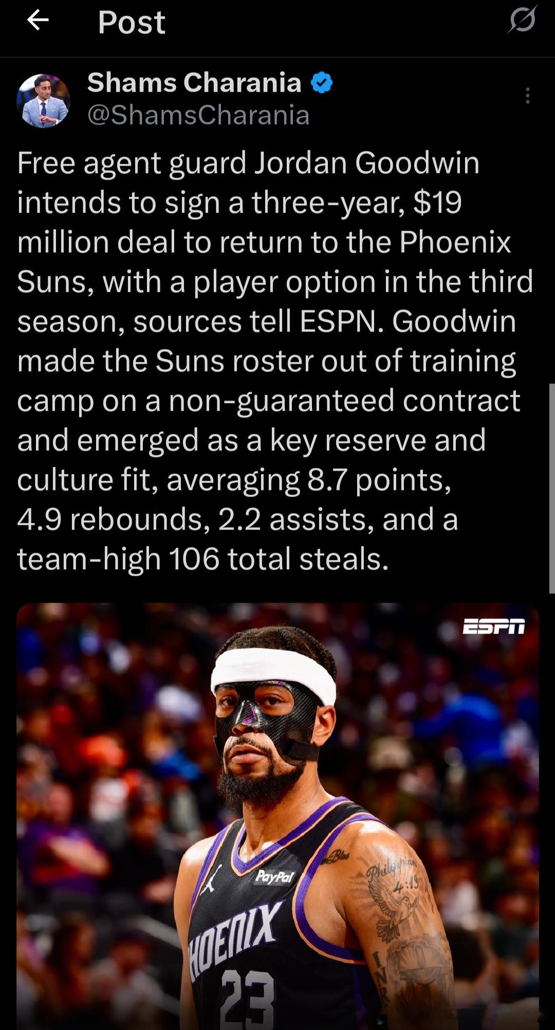 Shams Charania：消息人士告诉 ESPN，自由球员后卫乔丹·古德温计