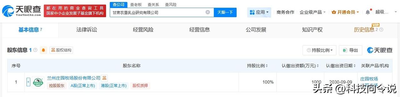 【庄园牧场在甘肃成立农垦乳业研究公司 注册资本1000万】
天眼查App显示，近