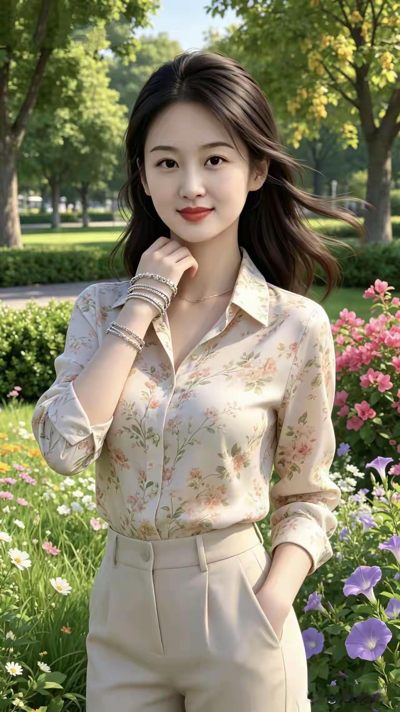 这姑娘在公园里拍照呢。