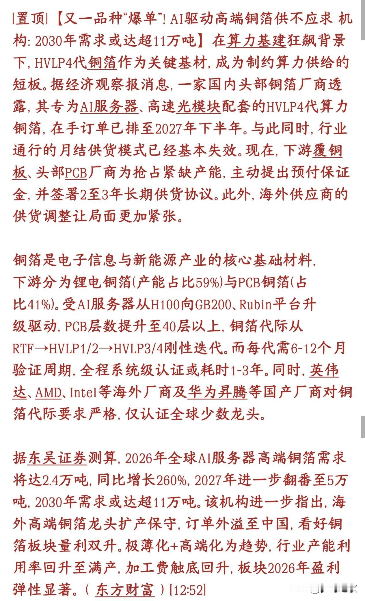 A股又一个因为AI大涨的分支，铜箔今天已经开始大涨了
现在AI服务器疯狂建，高端