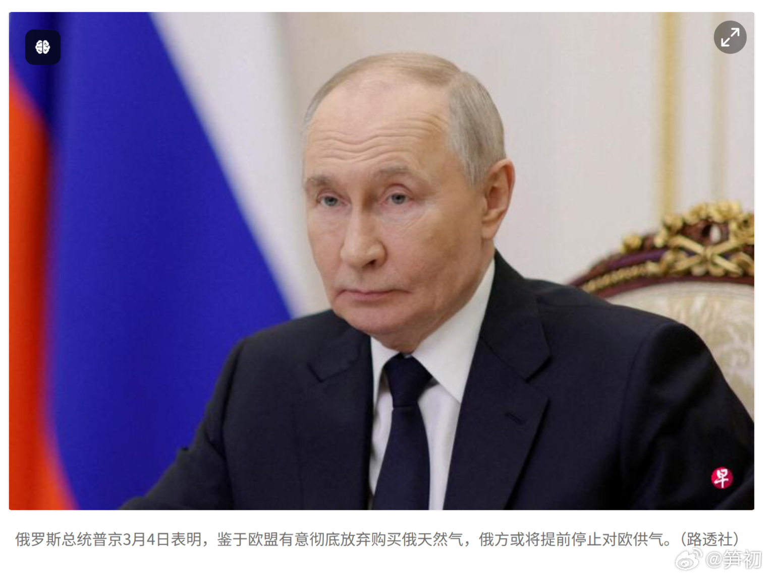 路透社：俄罗斯总统普京表示，鉴于欧盟有意彻底放弃购买俄天然气，俄方或将提前停止对