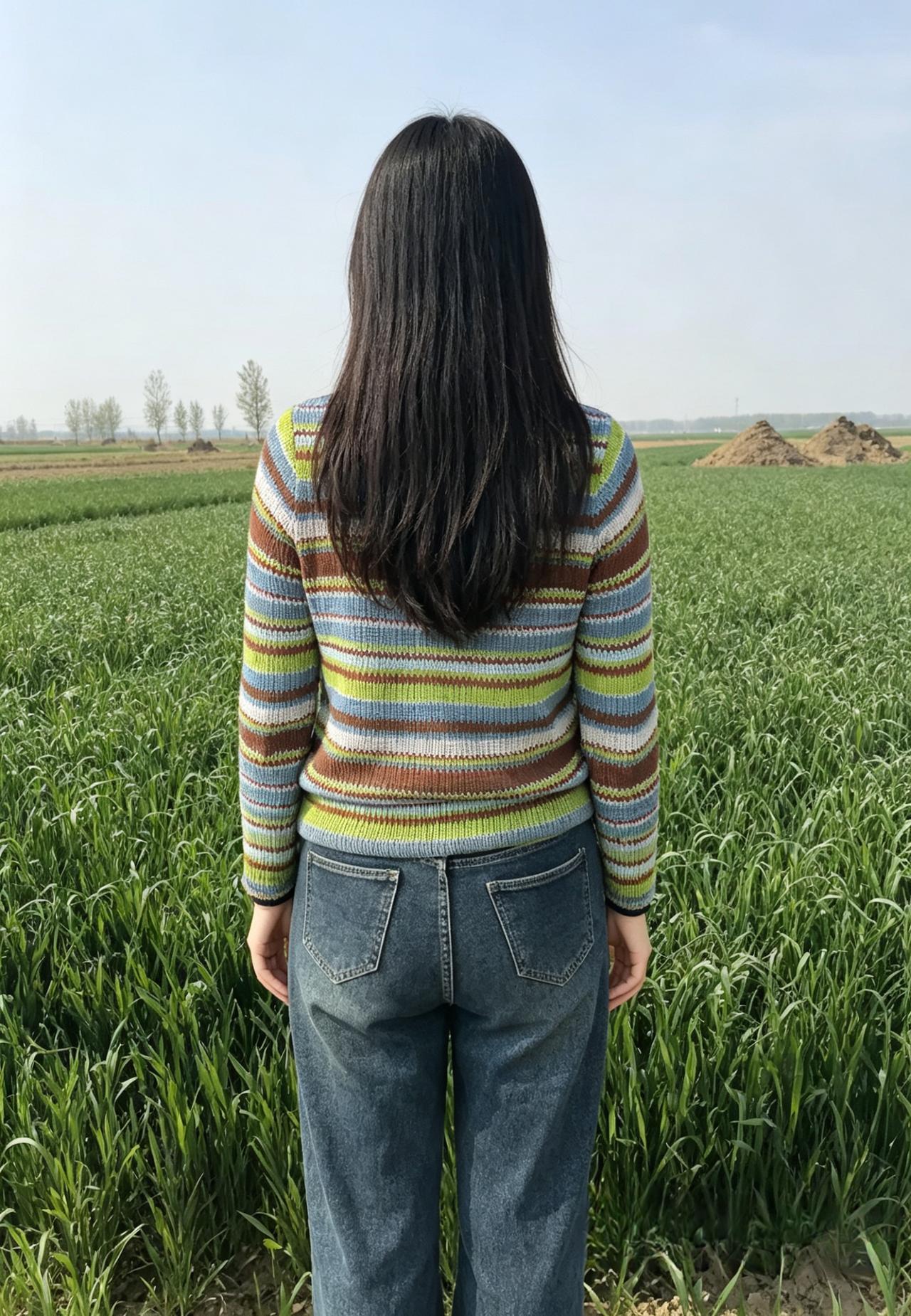 青畴万里接长天，
彩缕罗衣衬翠田。
一挽青丝簪玉扣，
回眸不见亦嫣然。