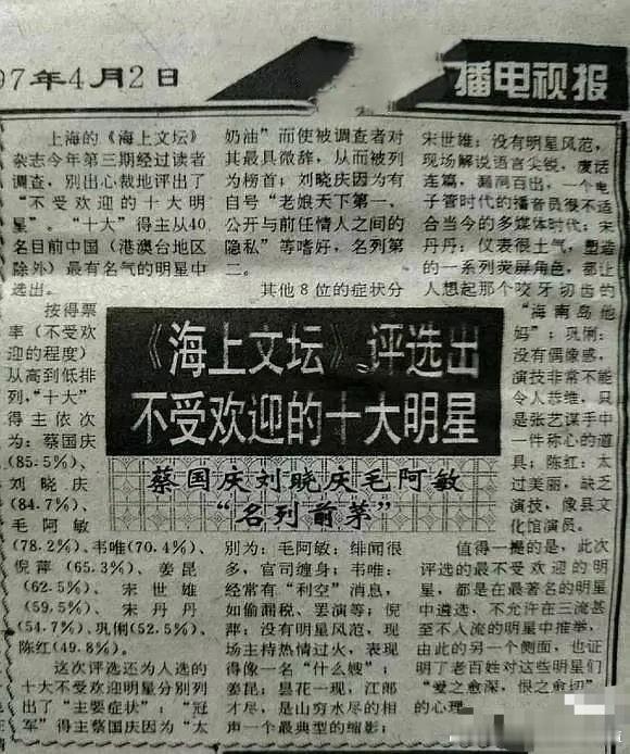 97 年最不受欢迎的明星评选，笑死了好几位被吐槽的现在都是女神啊，刘晓庆，当时的