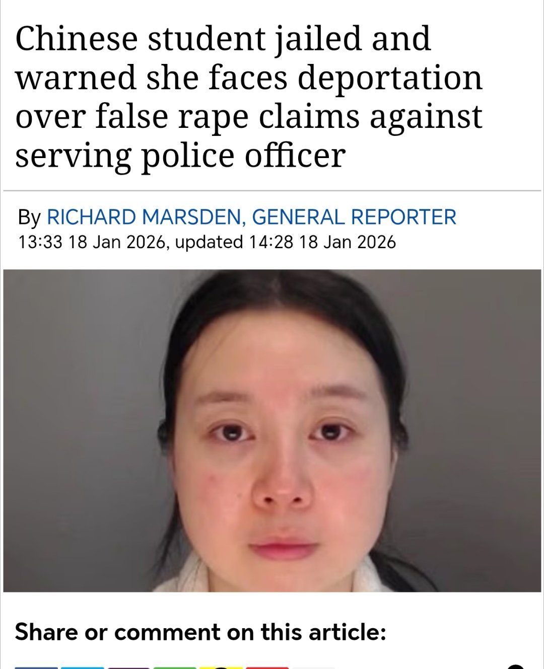 英国法院判中国留学生诬告警察强奸获刑6年 多家英国媒体报道，一名在英国留学的中国