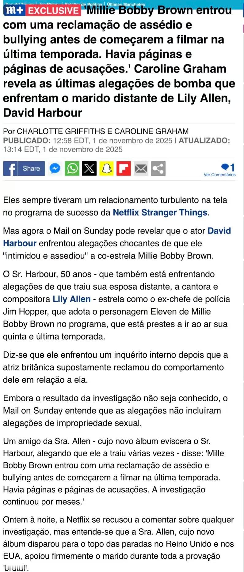 《每日邮报》报道：米莉·波比·布朗在《怪奇物语》最后一季开拍前对大卫·哈伯提出骚