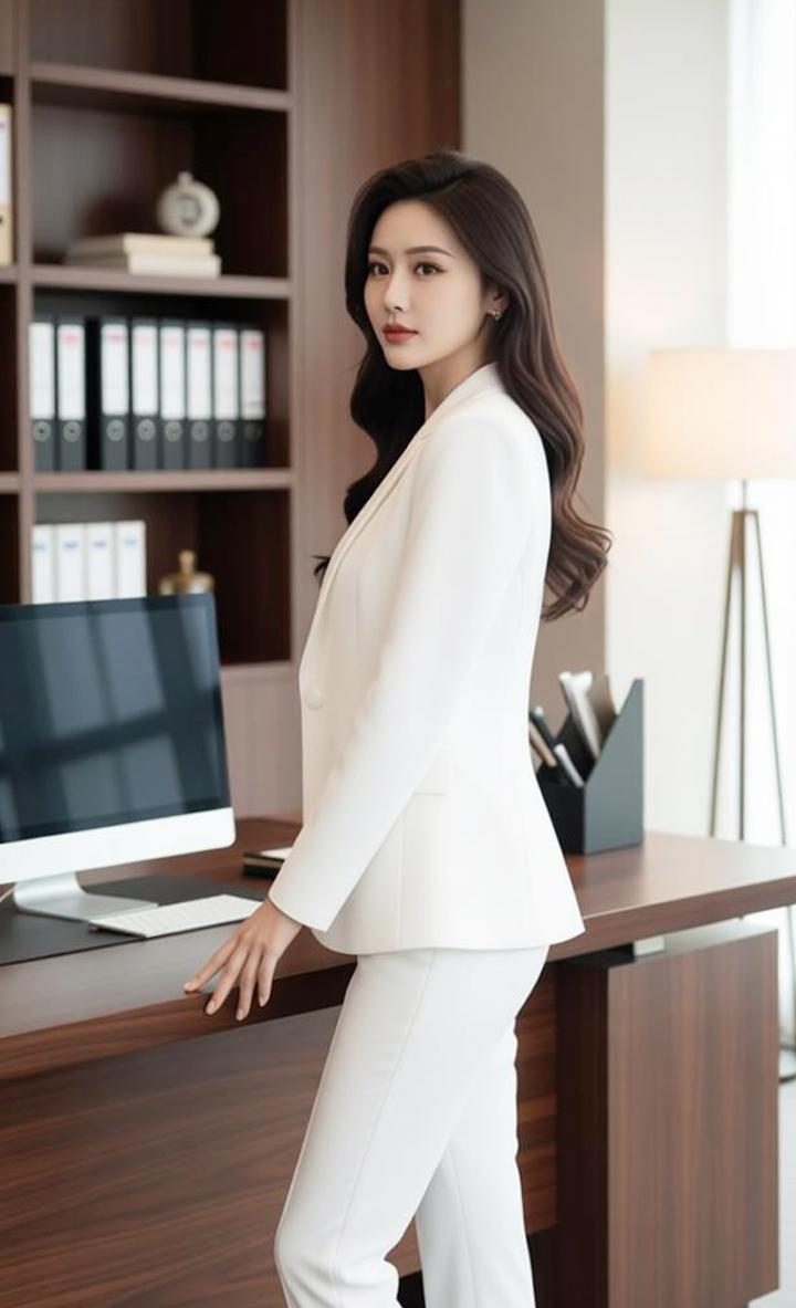 职业装小姐姐。魅力十足，身着利落白西装的顾以宁，手持文件夹立于办公桌旁。背景书架