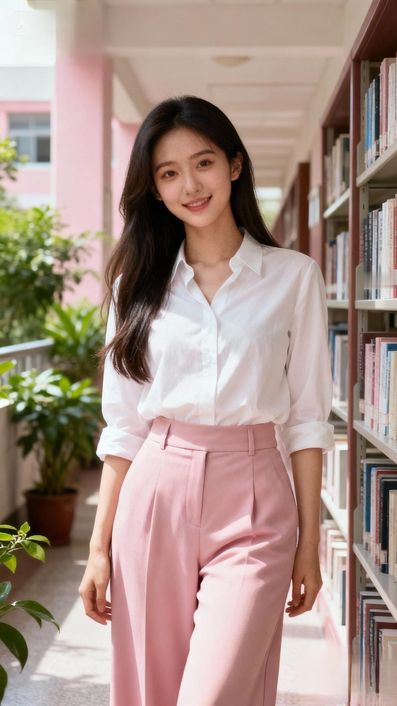 图书馆里的温柔时光，白衬衫与粉裤子的完美搭配，书香与自然相伴。
