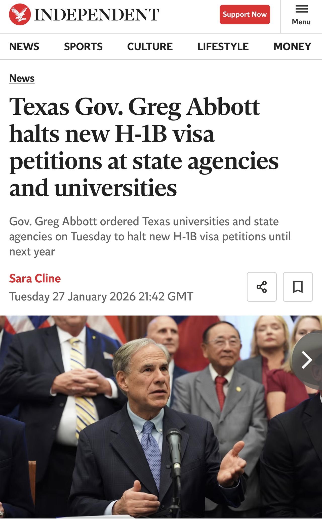 美国得克萨斯州州长阿博特Greg Abbott周二命令德克萨斯州的大学和州机构停