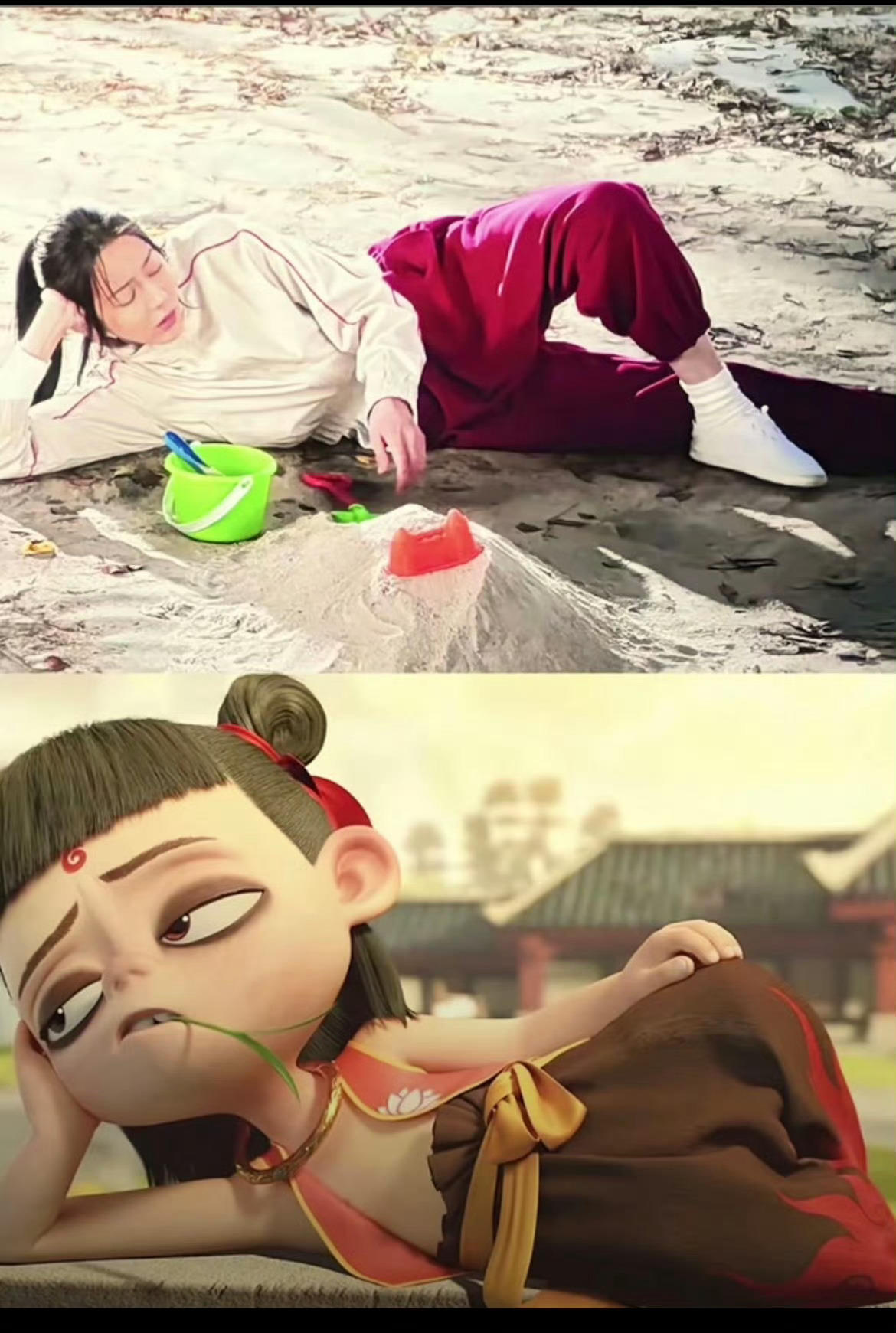 迪丽热巴功夫女足cos哪吒一个魔童一个魔丸，不能一模一样也是类似款了 