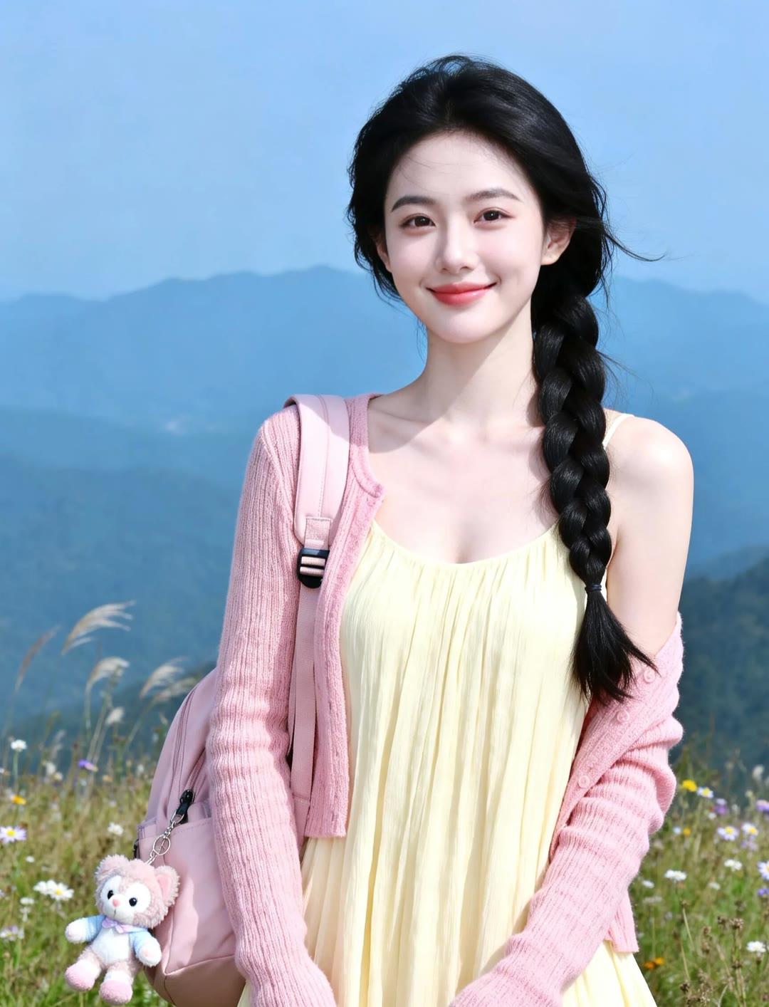山间少女笑，花海映芳容。