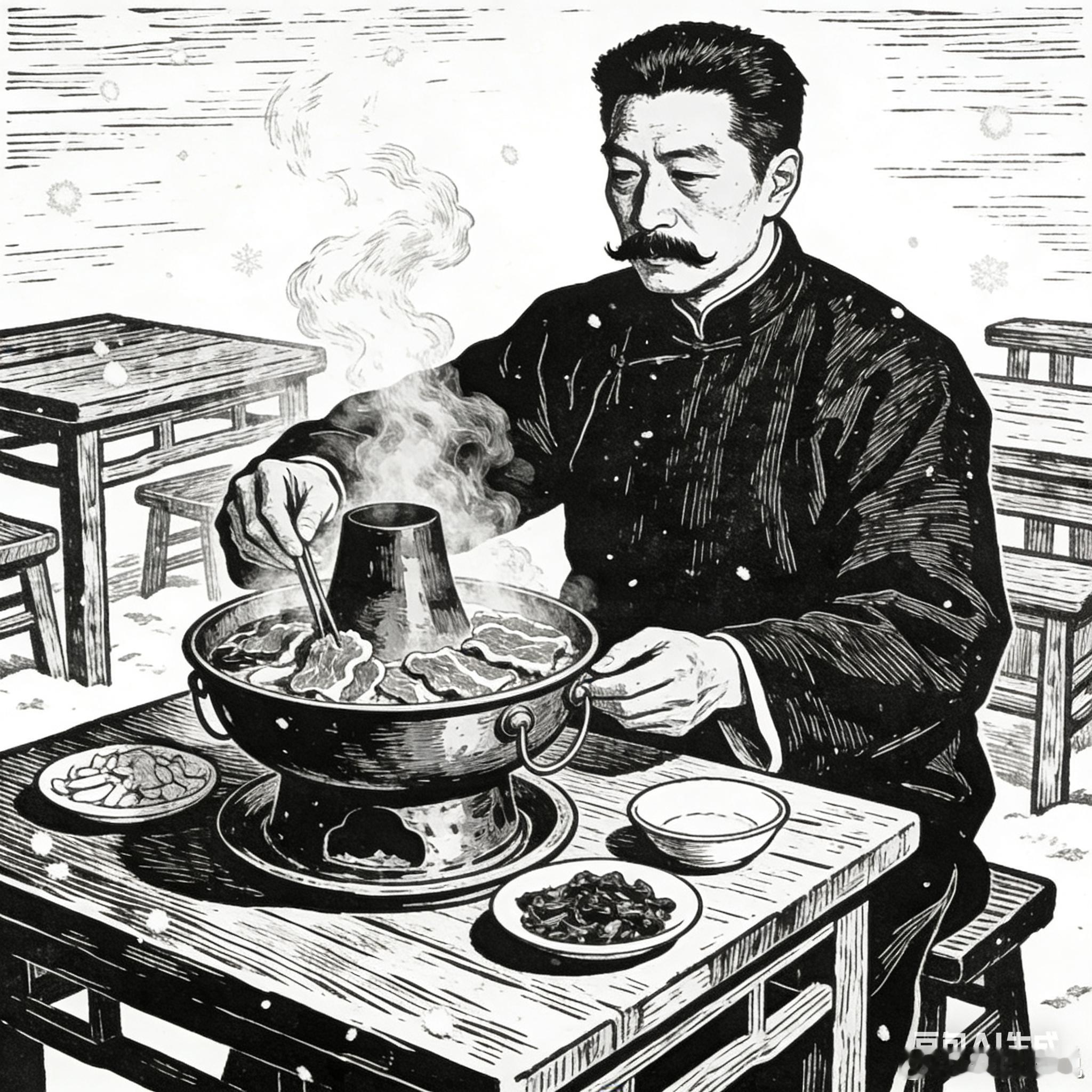 《火锅》——鲁迅（仿）夜已深，巷子里的风卷着碎雪，刮在脸上像细沙。我揣着半温的手