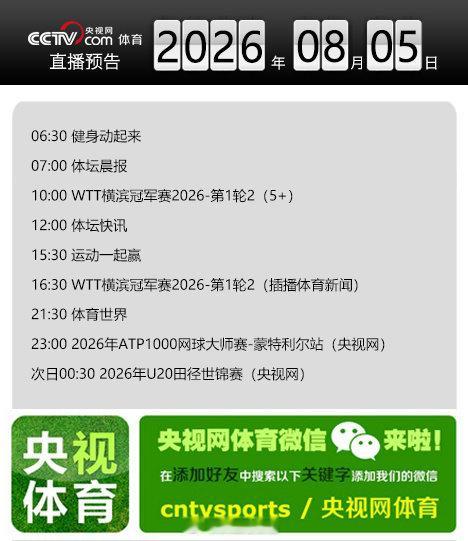 【央视网体育8月5日直播预告】06:30 健身动起来；07:00 体坛晨报；10