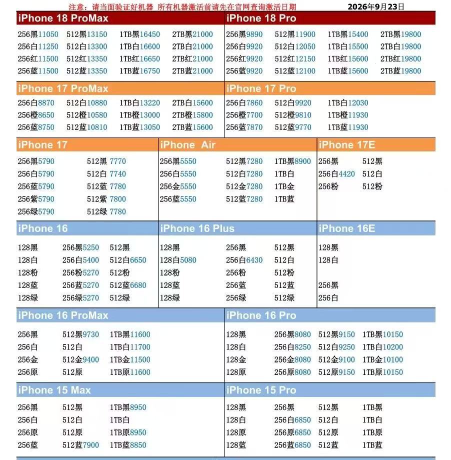 26年9月23日国行苹果手机系列价格更新，今天的18 pro系列又是全跌，pro