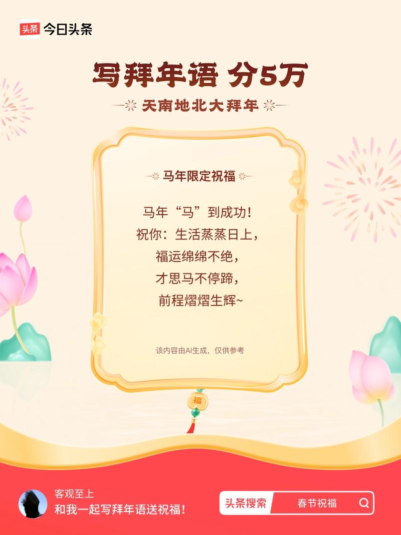 写拜年语送祝福新春拜年送祝福！我的祝福是：“马年“马”到成功！祝你：生活蒸蒸日上