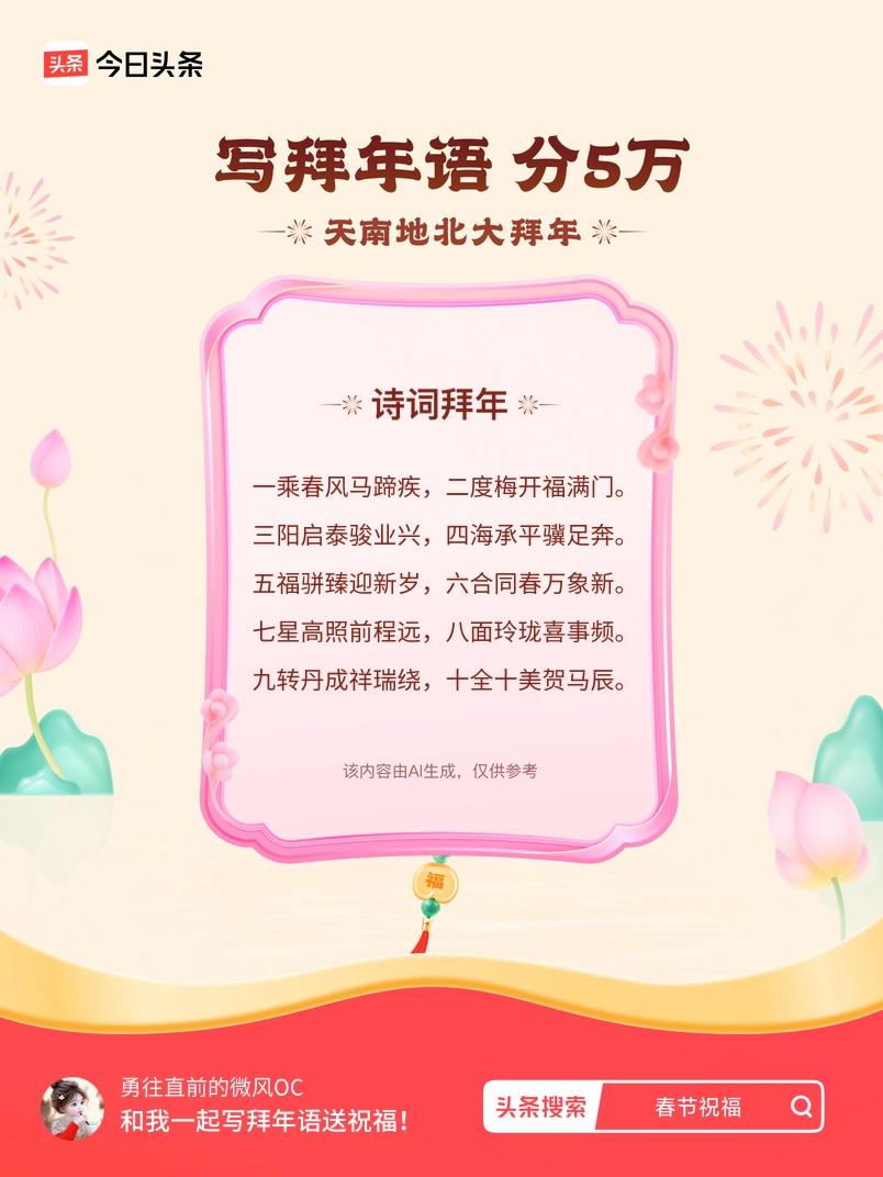 写拜年语送祝福新春拜年送祝福！我的祝福是：“一乘春风马蹄疾，二度梅开福满门。三阳