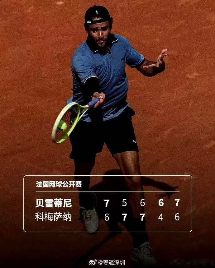 贝雷蒂尼时隔五年重返法网16强2026法网男单第三轮，前TOP10贝雷蒂尼鏖战五