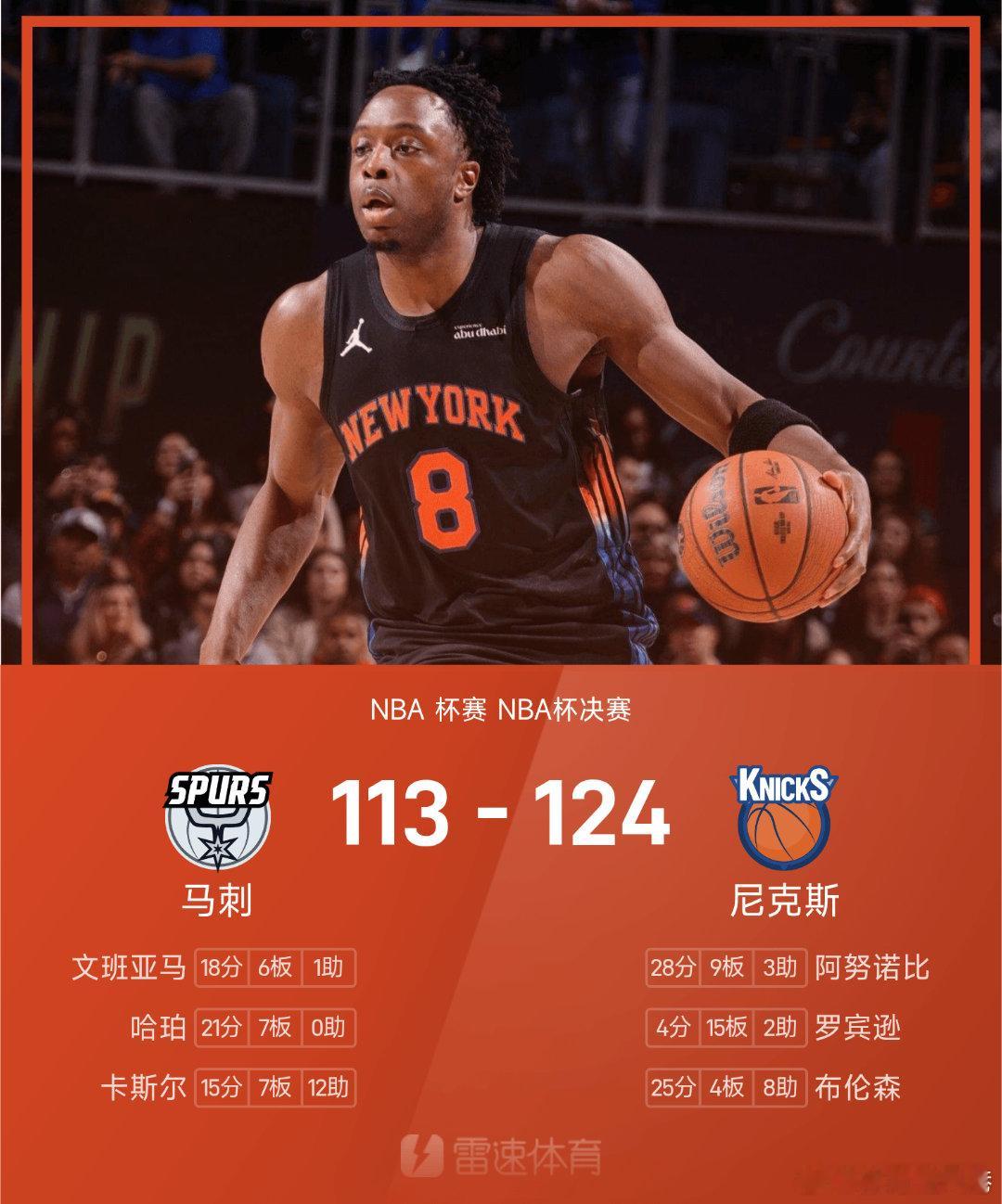 马刺vs尼克斯尼克斯124-113战胜马刺。阿努诺比砍下全场最高的28分9板3助