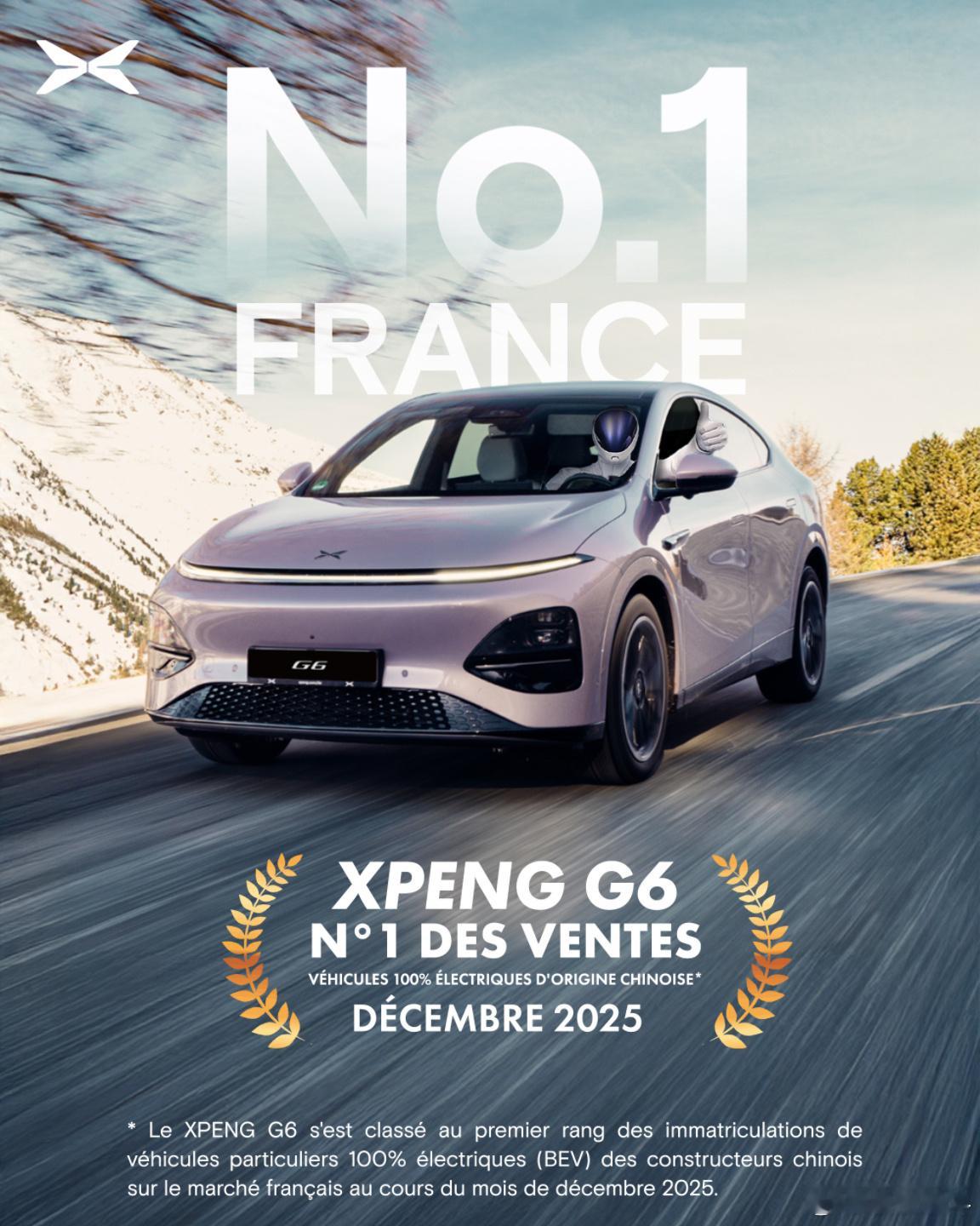 2025年12月，小鹏G6在法国所有中国品牌中销量排名第一，达到499辆。有点东