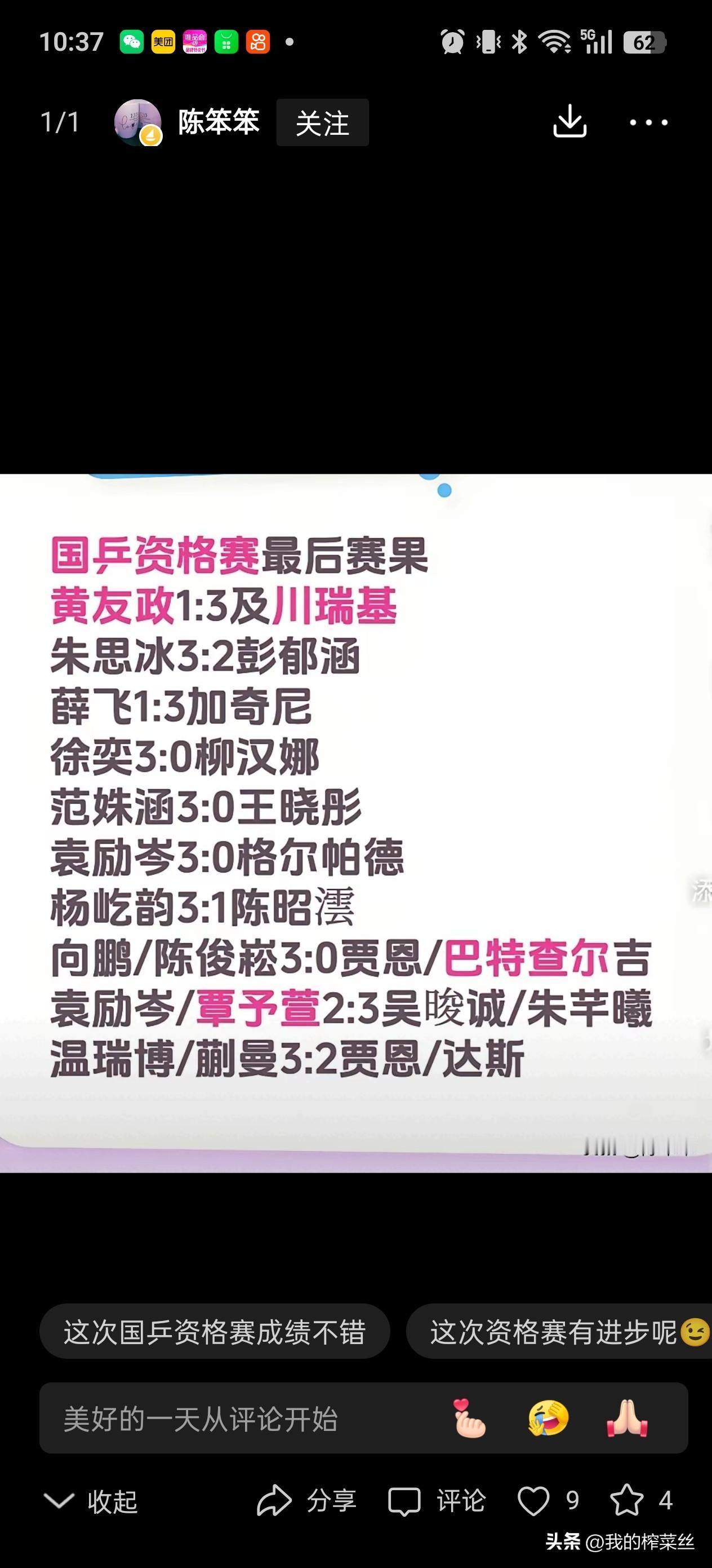 球星挑战赛看着才打了一轮资格赛，国乒就掉了一大半人，挺感慨的。
刚结束的萨格勒布