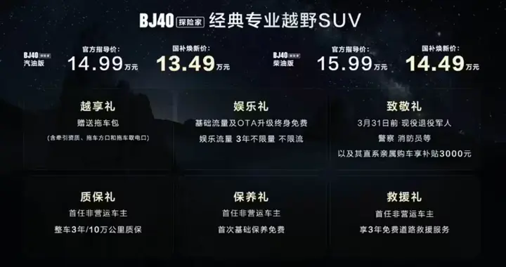 北京越野 BJ40 探险家上市，国补焕新价 13.49 万元起