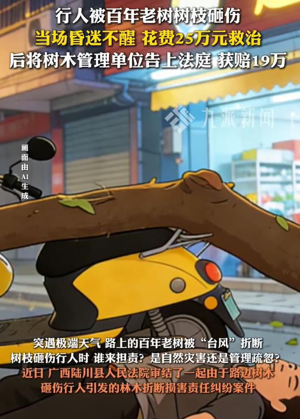 行人被百年老树砸伤当场昏迷，获赔19万

近日，广西陆川县人民法院审结了一起由于