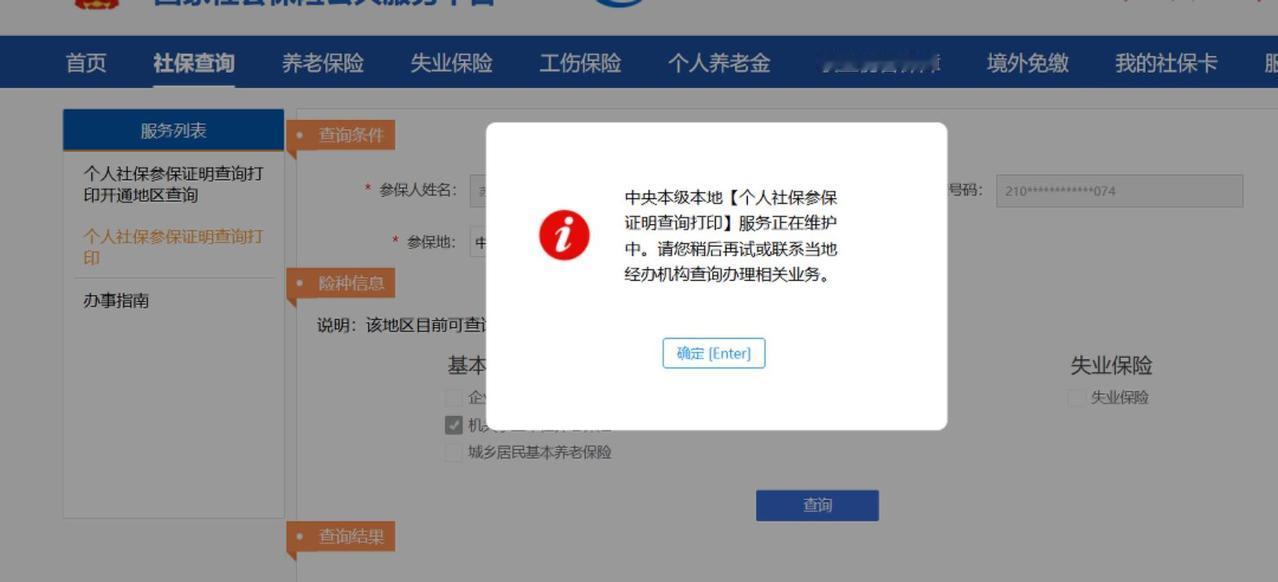中央本级养老保险查不到说在维护，以前可以查到的