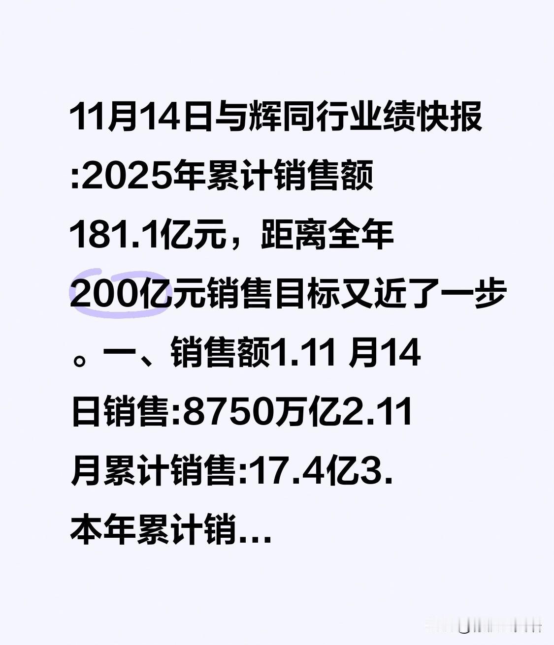 11月14日与辉同行业绩快报:2025年累计销售额181.1亿元，距离全年200