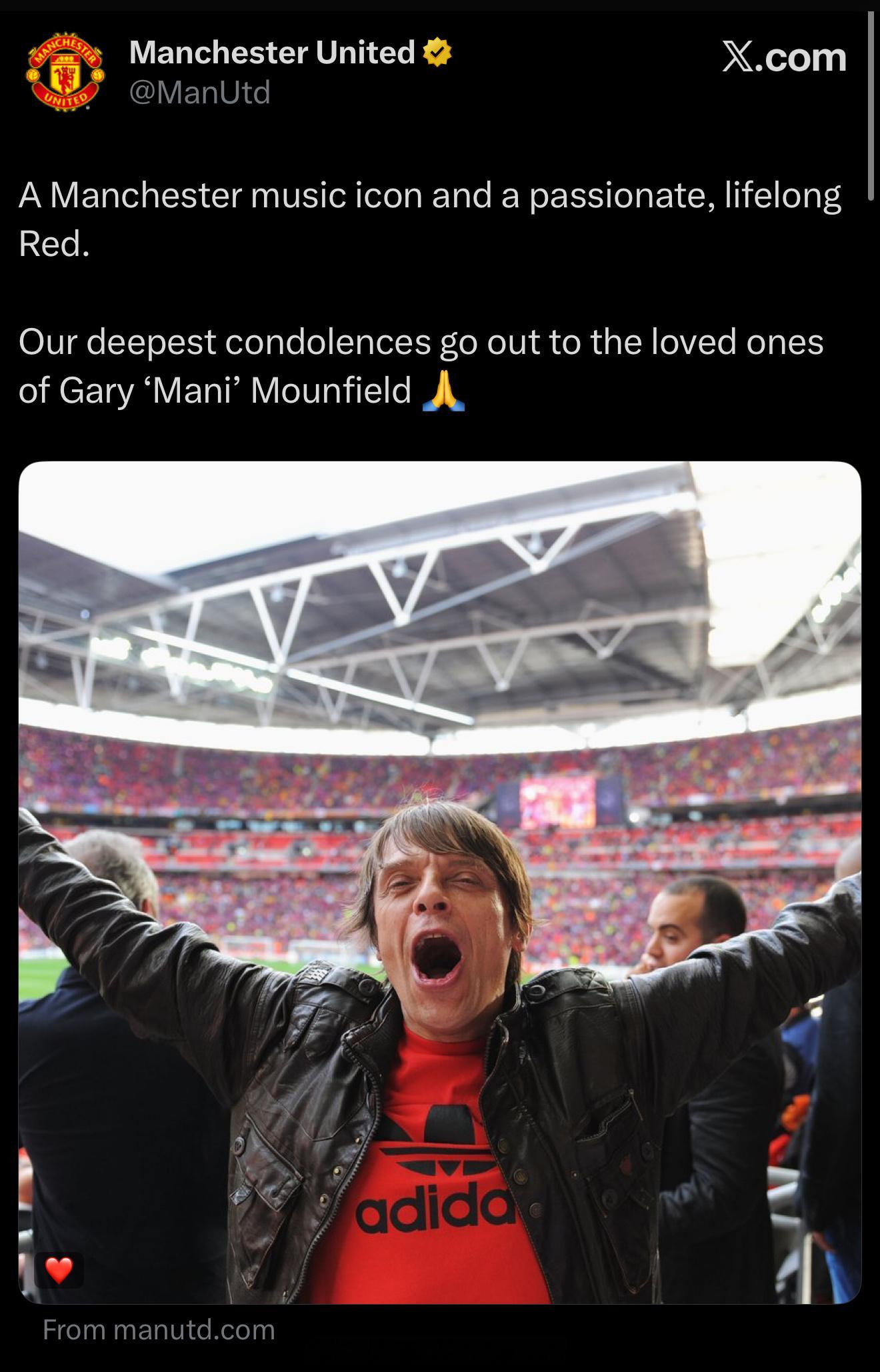 曼联官方怀念刚刚去世的石玫瑰乐队主要成员之一也是曼联忠实的球迷 