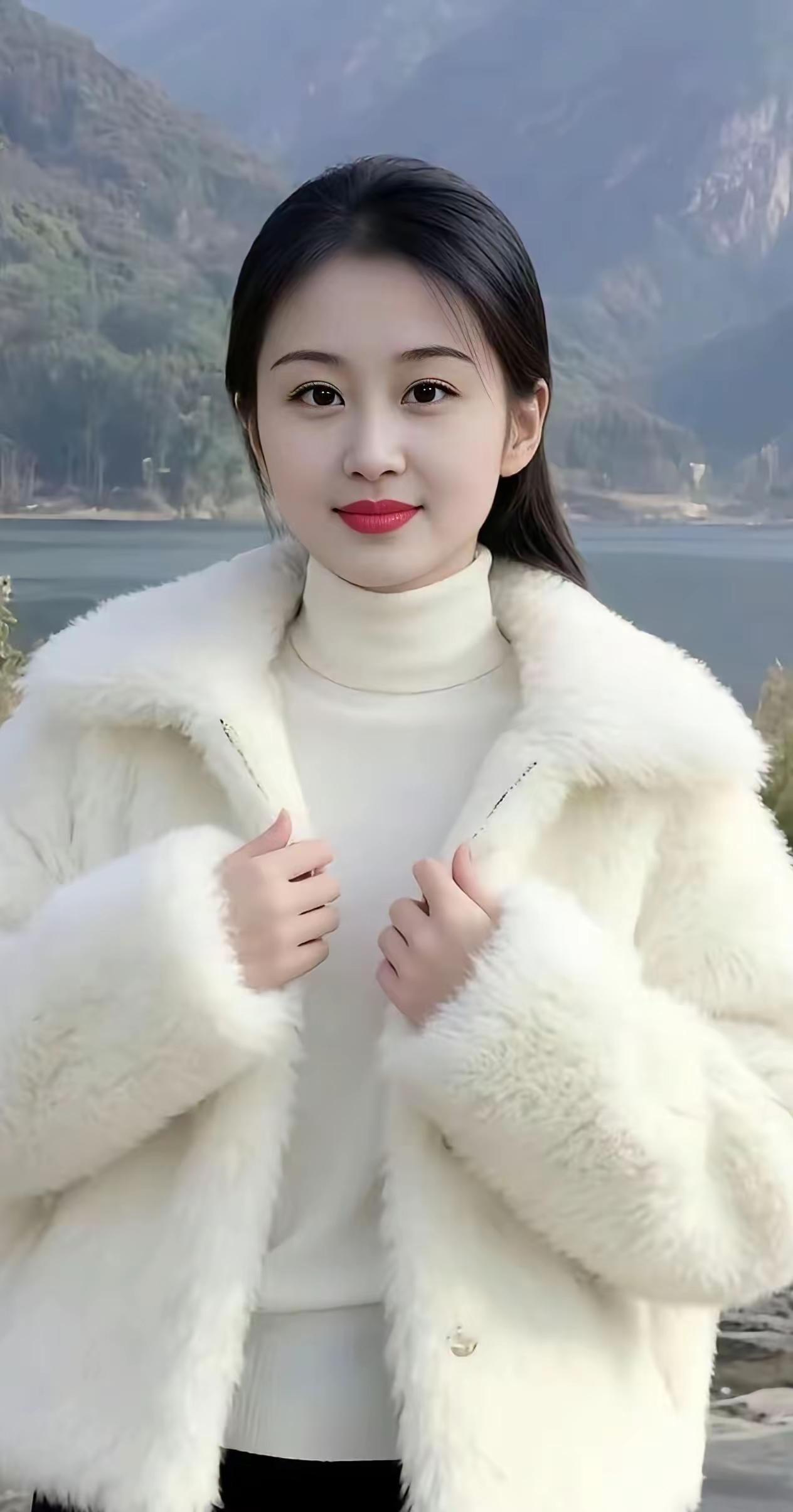 冬日暖阳下，雪白毛绒外套，甜美笑容，山湖相映，宛如仙境。