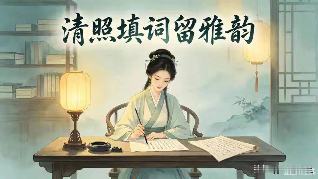 上句：清照填词留雅韵，
续句：李白赋诗见浪漫。
