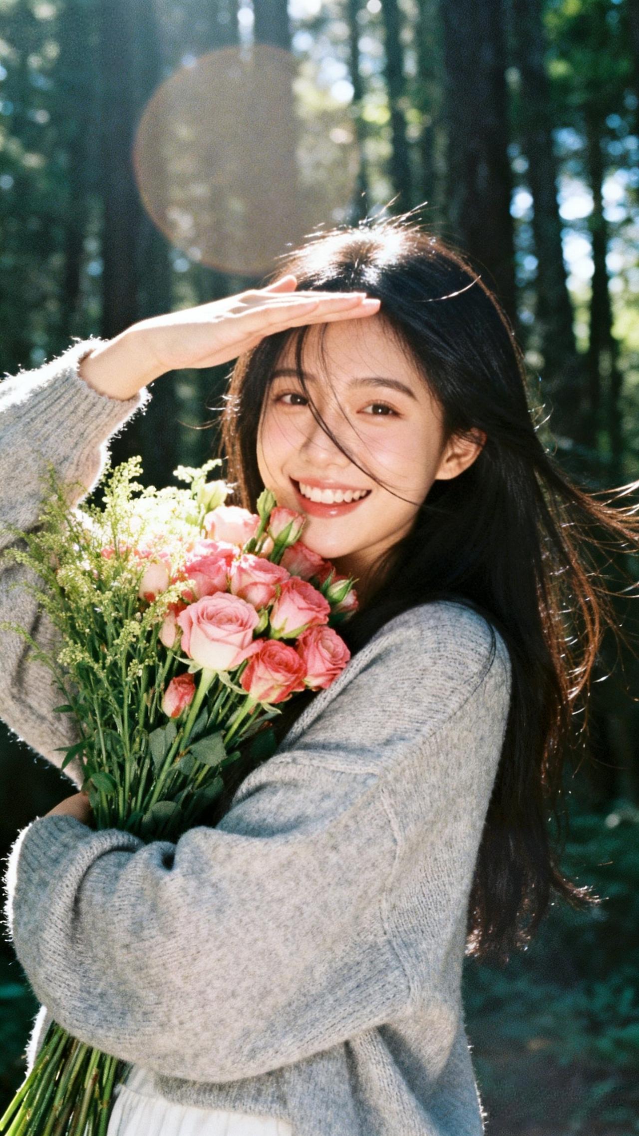 阳光洒落，笑靥如花，手捧玫瑰，幸福满满。🌸🌞💕分享唯美的美照 知性美女穿搭